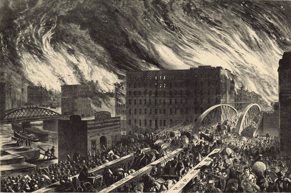 1871. The Great Chicago Fire, an artists rendering, Chicago in Flames -- The Rush for Lives Over Randolph Street Bridge.jpg