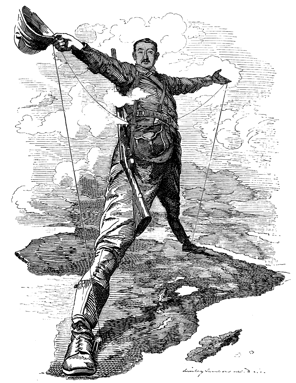 1892. Caricature of Cecil John Rhodes, after he announced plans for a telegraph line and railroad from Cape Town to Cairo, 10 December.png